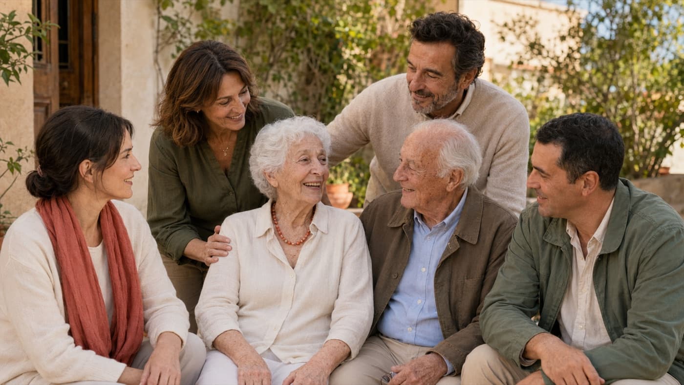 Una famiglia di più generazioni seduta insieme in giardino: al centro una donna anziana che sorride, intorno a lei figli e nipoti.