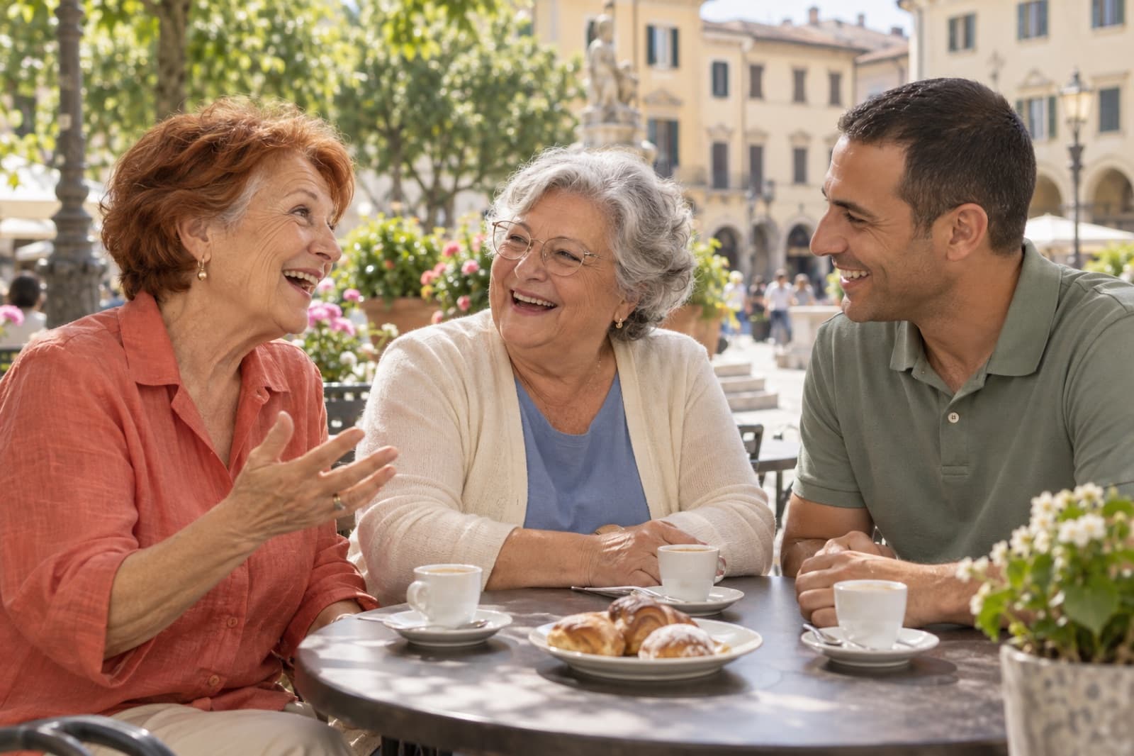 A un tavolino all'aperto, una signora anziana ride con un'amica e con una persona di Mimu, davanti a un caffè.
