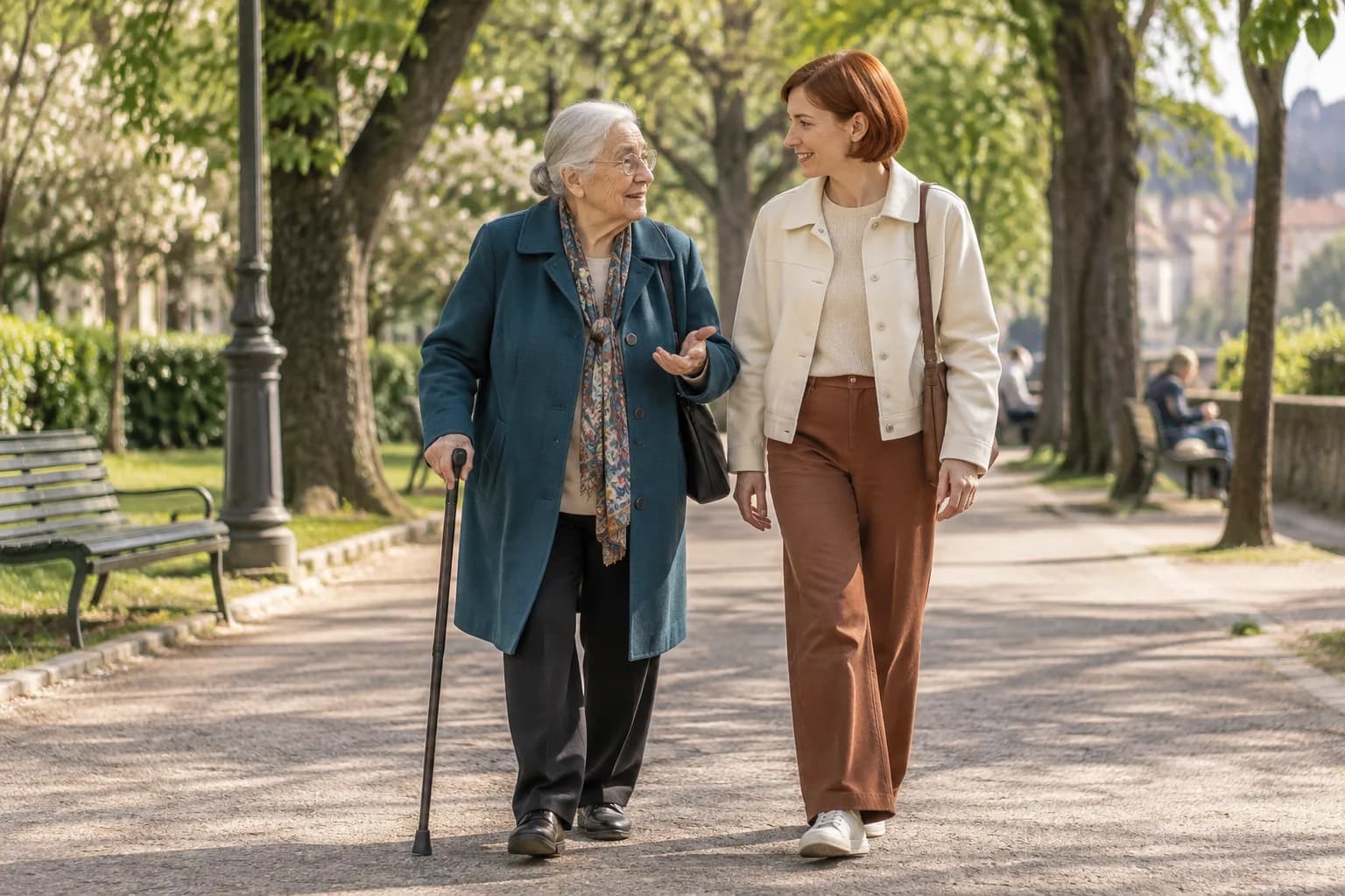 Una donna anziana con il bastone passeggia nel parco insieme a un'accompagnatrice.