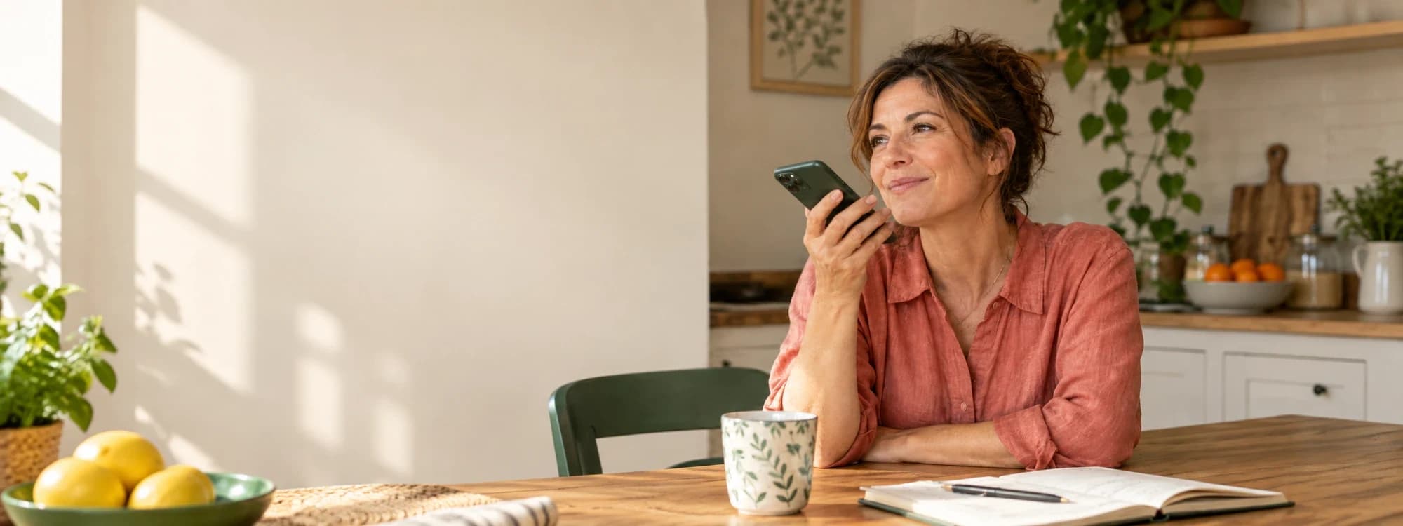Una donna seduta al tavolo della cucina, con una tazza e un quaderno davanti, manda un vocale dal telefono e sorride guardando fuori.
