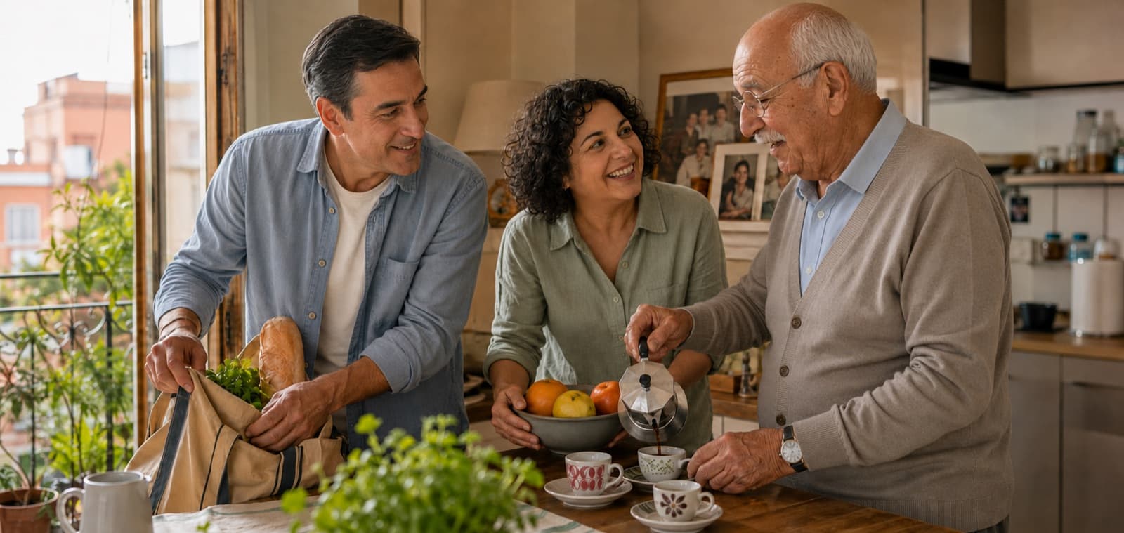 Tre persone in cucina: un uomo posa la spesa, una donna sorride, un uomo anziano versa il caffè.