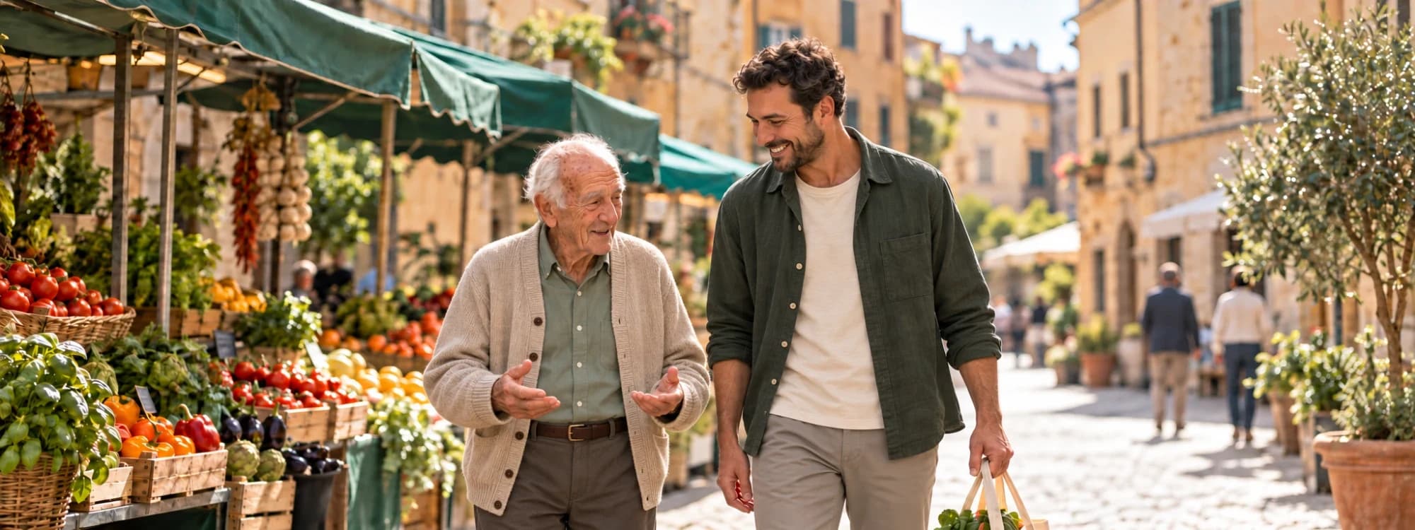 Un uomo anziano e una persona di Mimu camminano insieme fra i banchi di un mercato, con le borse della spesa, parlando e sorridendo.