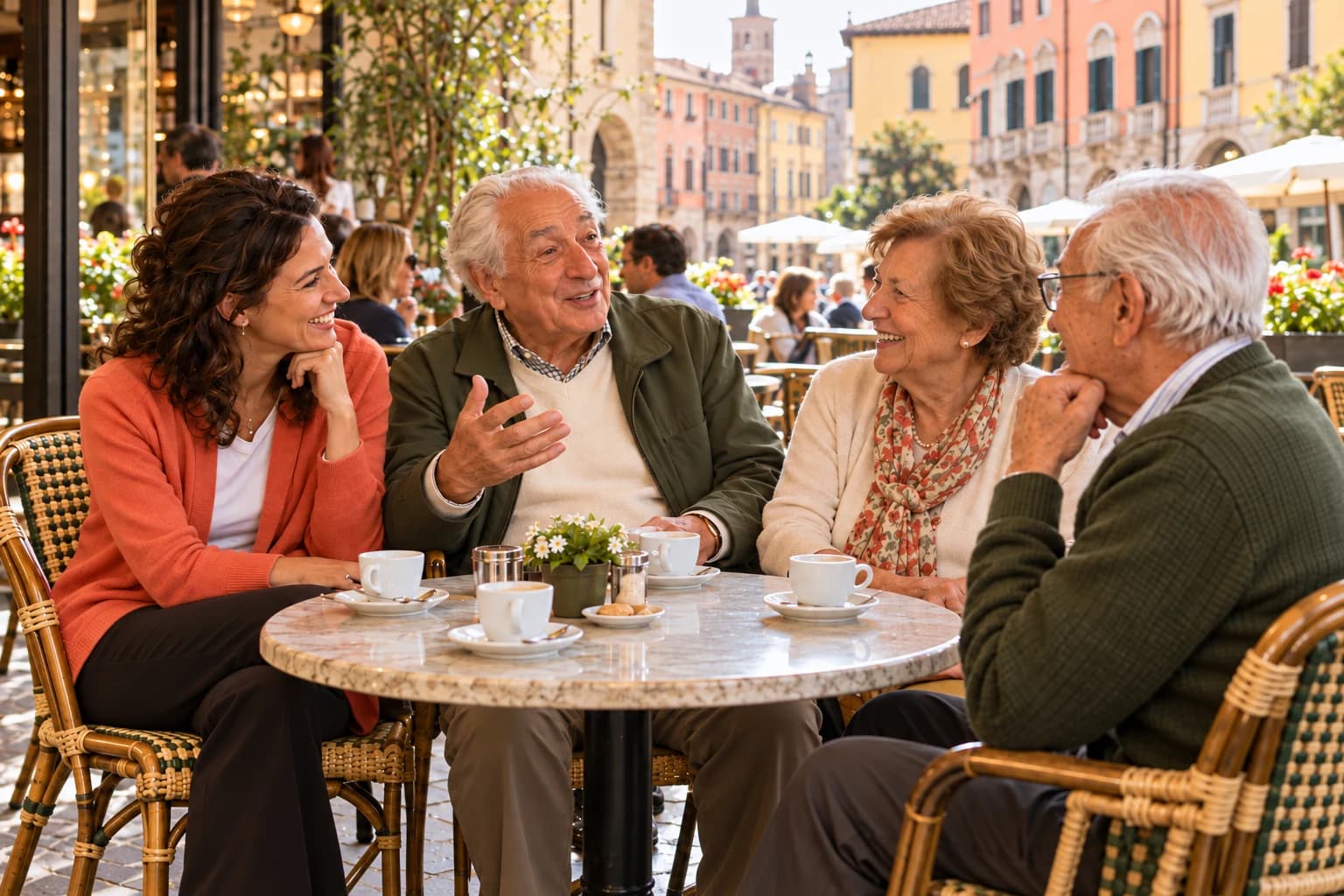 A un tavolino di un bar in piazza, tre persone anziane chiacchierano davanti a un caffè; accanto a loro una donna di Mimu ascolta e sorride.