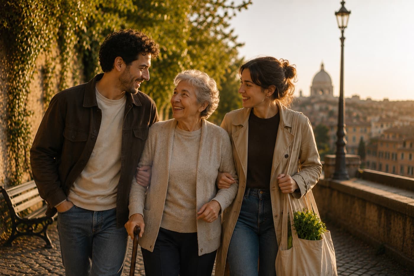 Una donna anziana cammina sorridendo per una strada al tramonto, sottobraccio a un uomo da un lato e a una donna dall'altro; sullo sfondo la città.