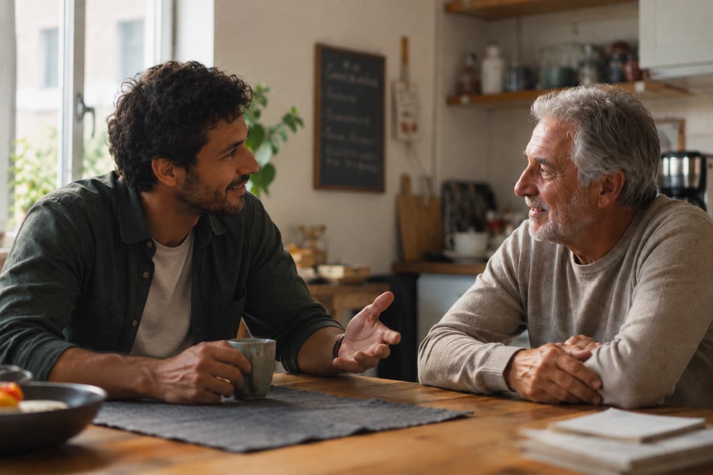 Due uomini seduti al tavolo di cucina: il più giovane parla con la mano aperta, l'altro, più anziano, lo ascolta sorridendo.
