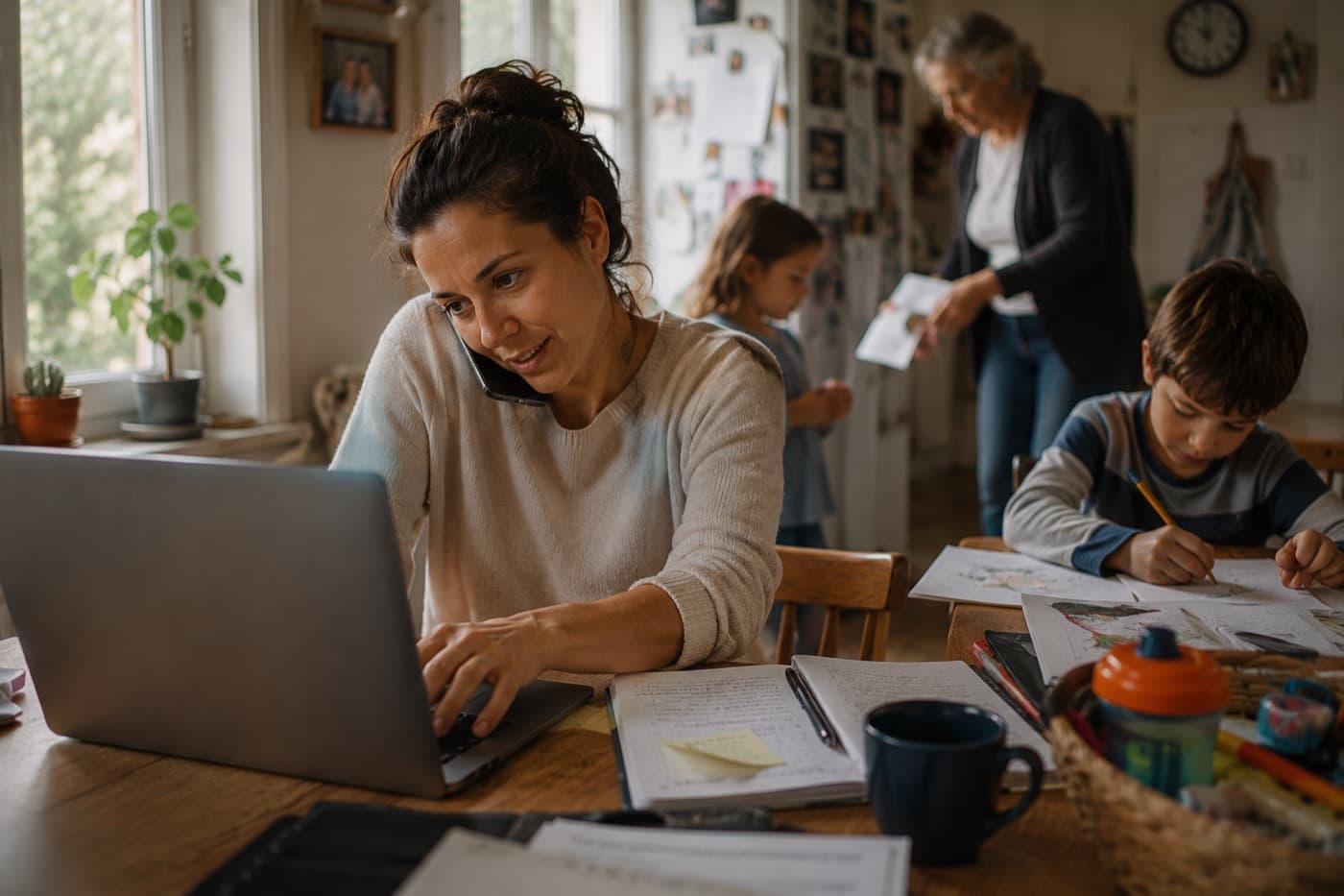 Una donna al tavolo di cucina, al telefono e al computer insieme; accanto a lei un bambino disegna, e sullo sfondo si muove sua madre.