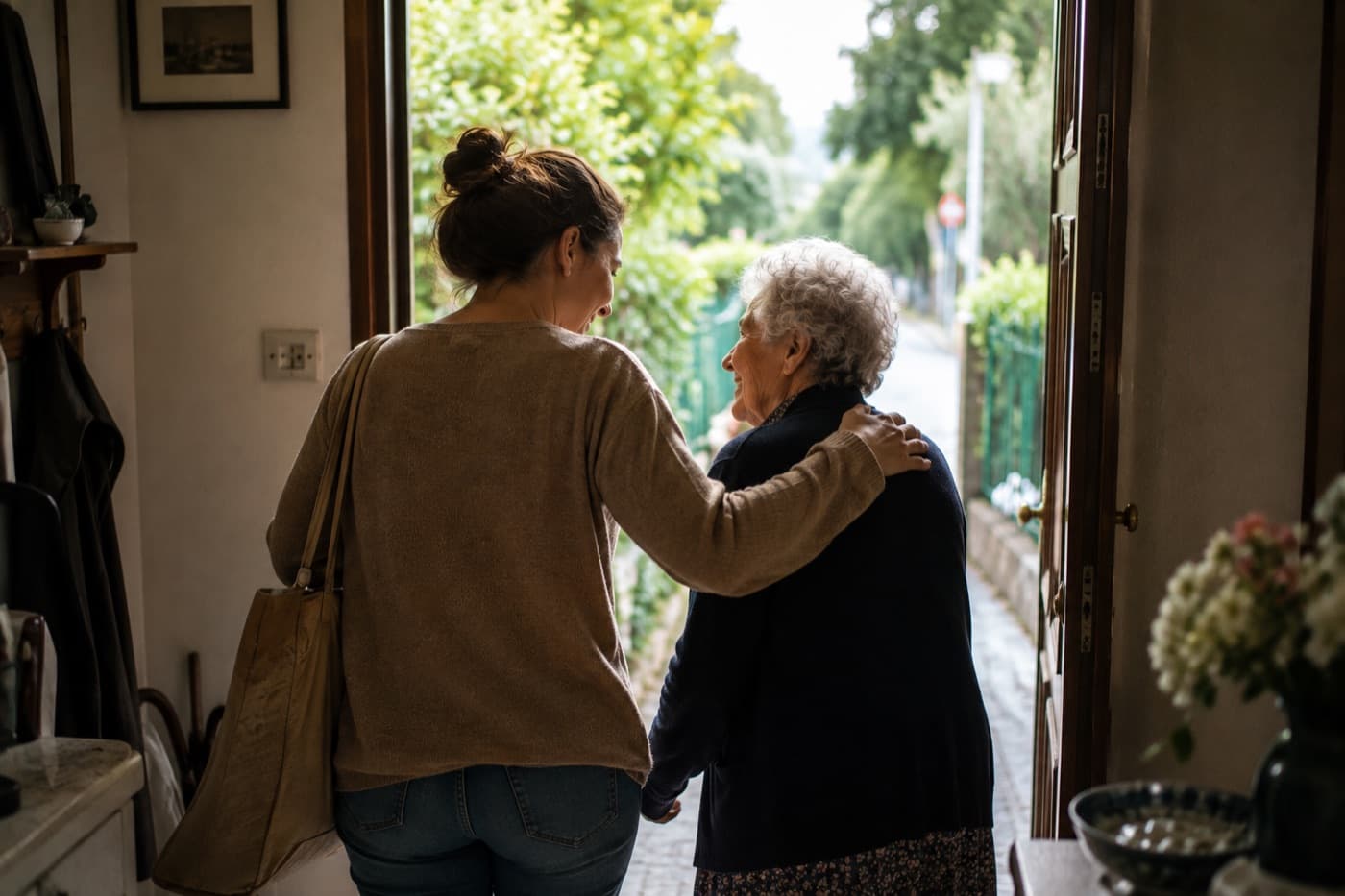 Due donne escono di casa insieme, una anziana e una più giovane che le tiene un braccio sulla spalla, verso la strada.