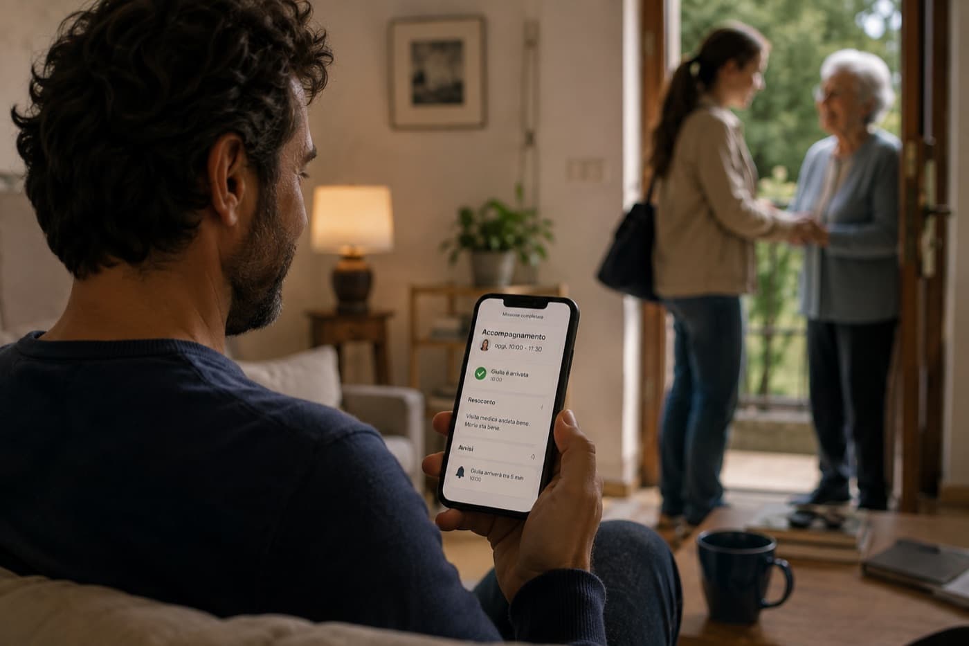 Un uomo legge sul telefono che l'attività si è conclusa, mentre sulla porta di casa una volontaria saluta la persona che è andata a trovare.