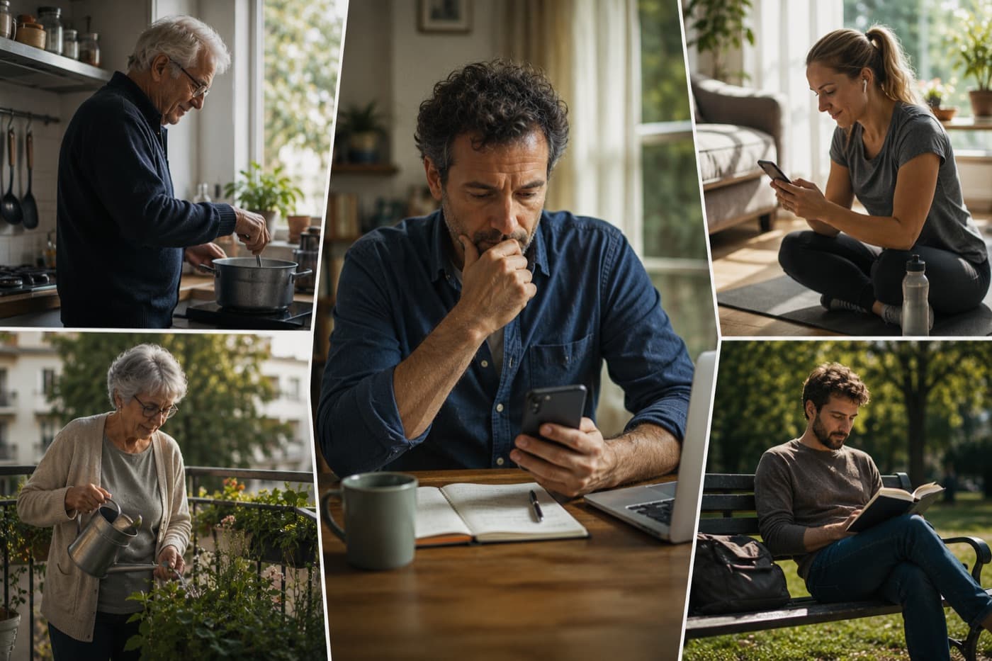 Persone diverse nella loro giornata normale: un uomo anziano che cucina, una donna che annaffia le piante, chi guarda il telefono, chi legge su una panchina.